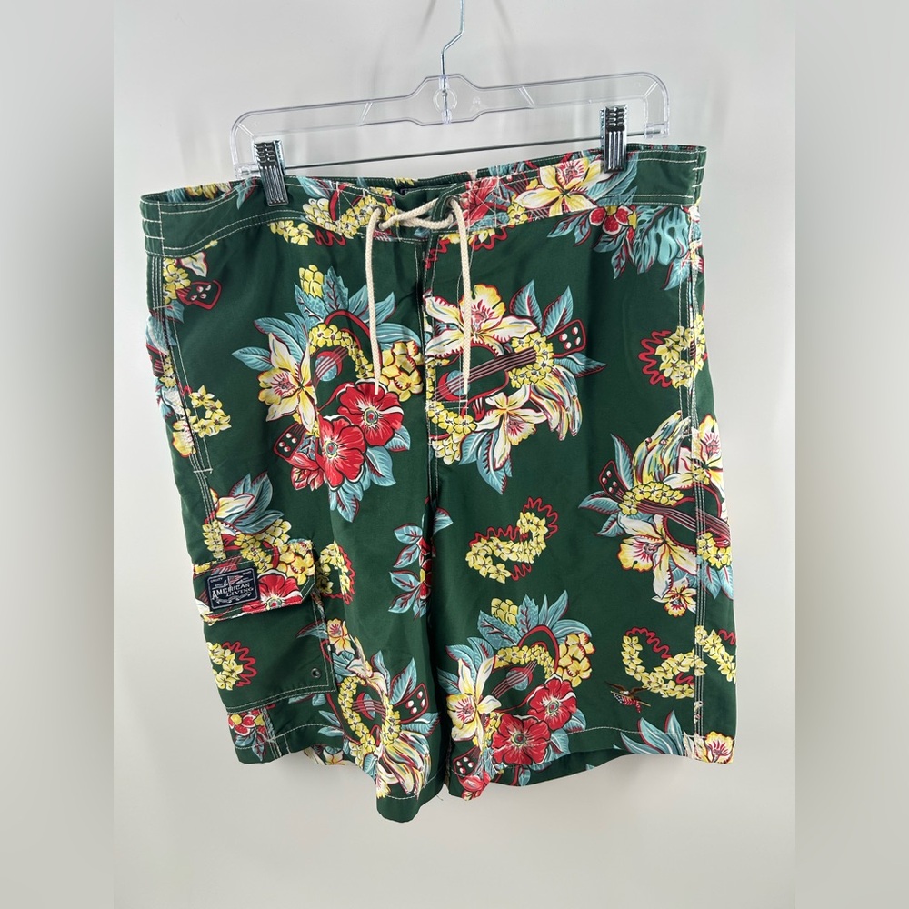 American Living Men's Green Floral Swim Trunks with Drawstring Waist Size XL